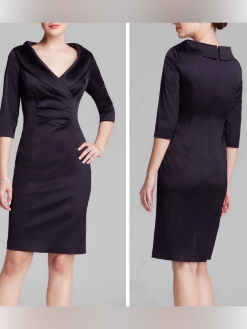Willow Glenn Black Satin Shawl V-neck 1/2 Sleeve Formal Cocktail Dress Size 12